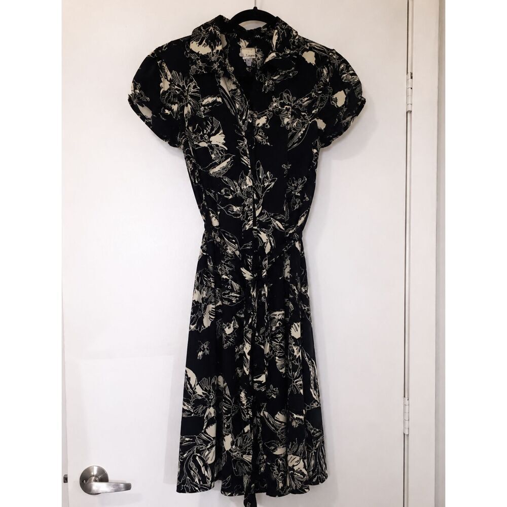 Merona Black Floral Shirt Dress Short Sleeve Button Up Collar Fit Flare Size XS - Picture 7 of 7